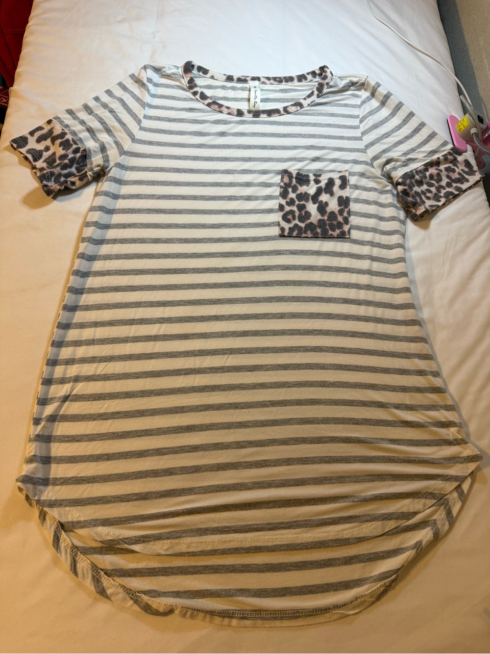 Vanilla Bay Gray & White Striped Tee with Leopard Banding